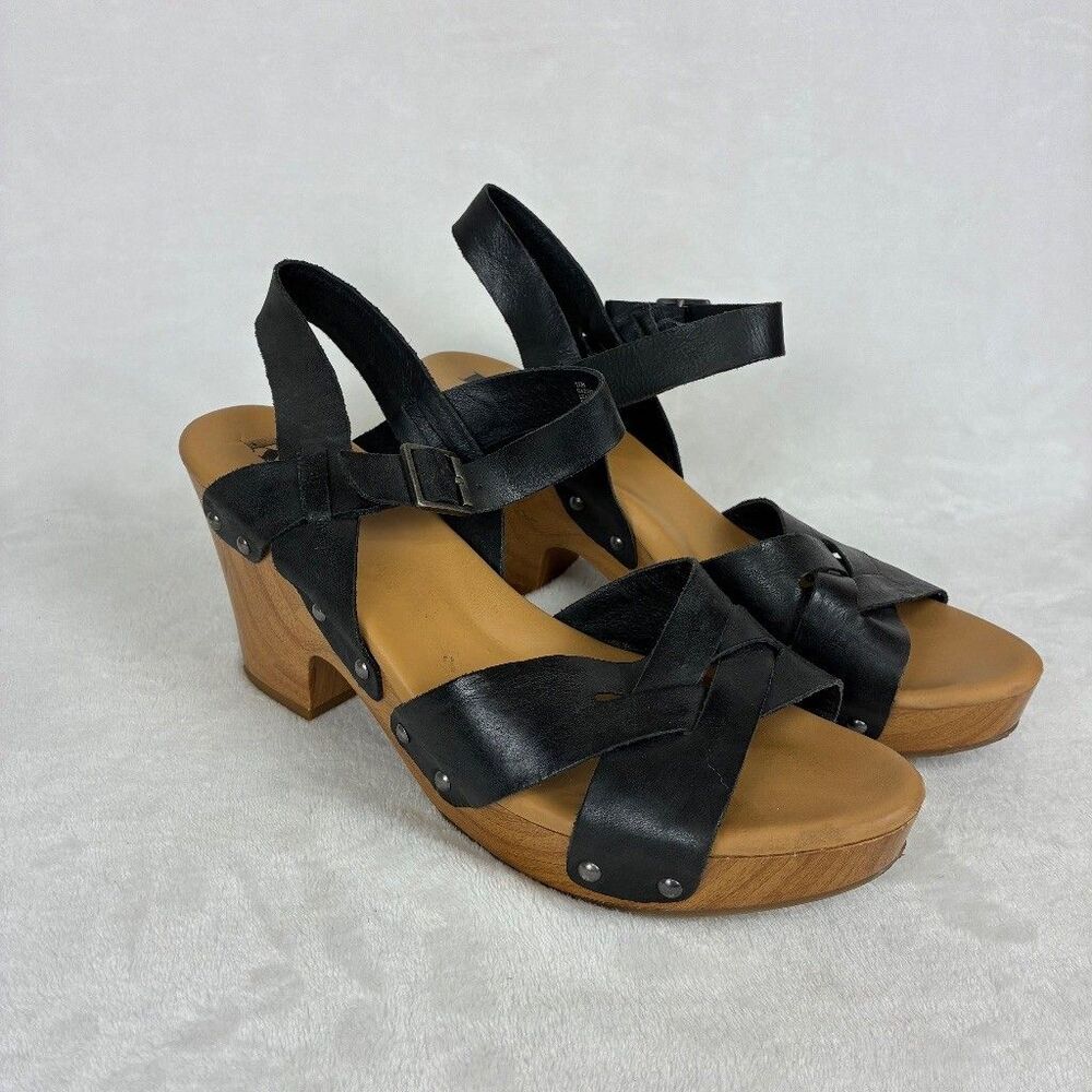 Korks Womens 11M Black Leather Braided Strap Wood Clog Heel Sandal Boho Y2K Club